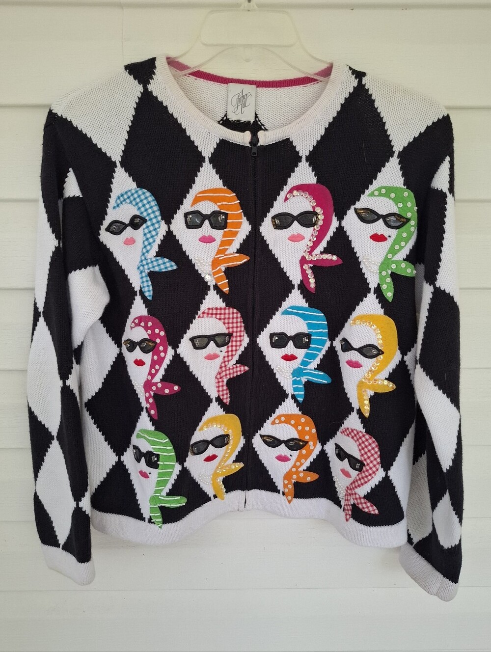 Vintage Fisher Hill Harlequin Glamour Girl Zip-Up Cardigan Sweater Large